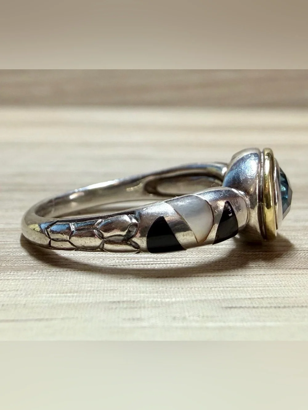 Vintage Modernist Asch Grossbardt Sterling Silver & 18K Gold Blue Topaz Ring